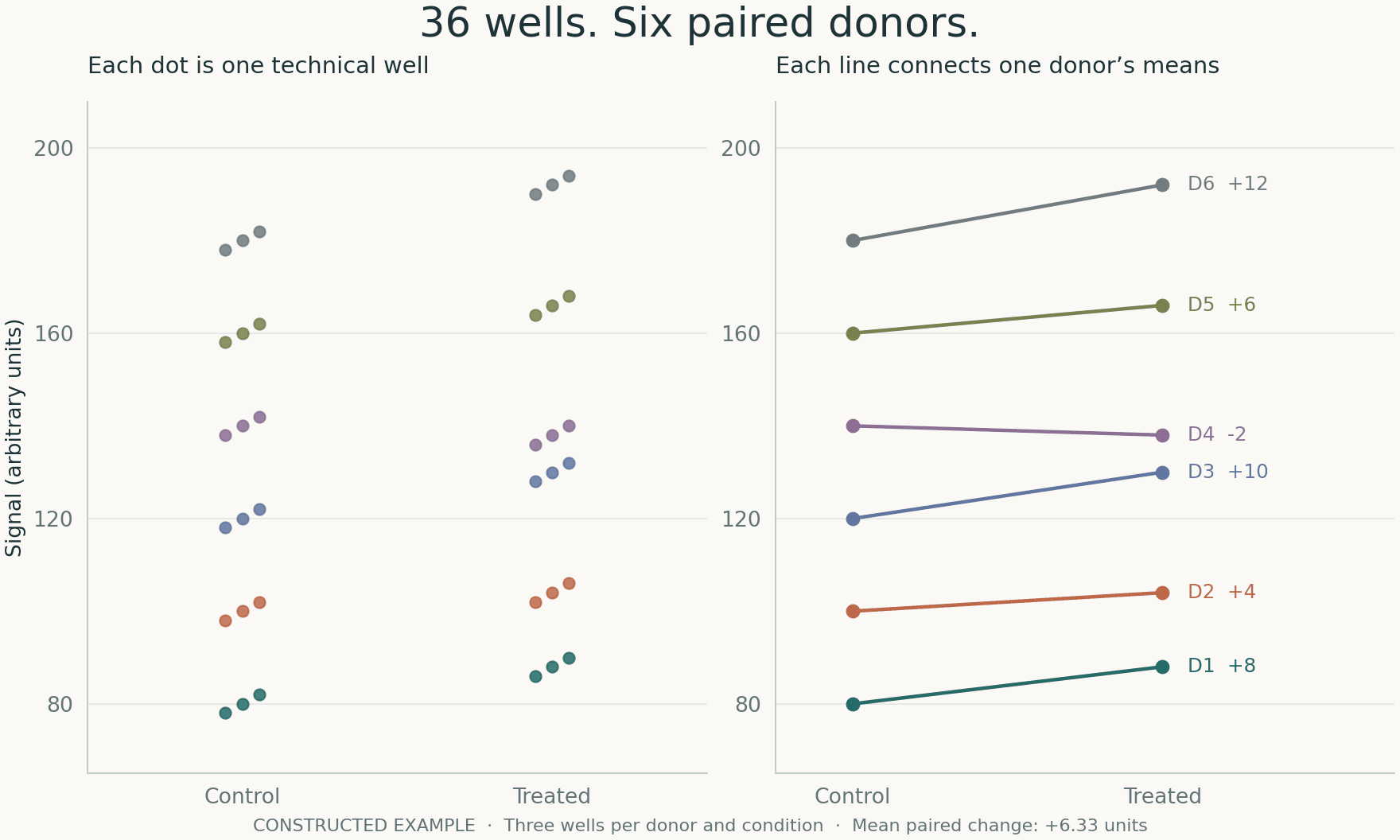 Thirty-six constructed well measurements compared with six paired donor means, showing the experimental structure hidden by pooled observations